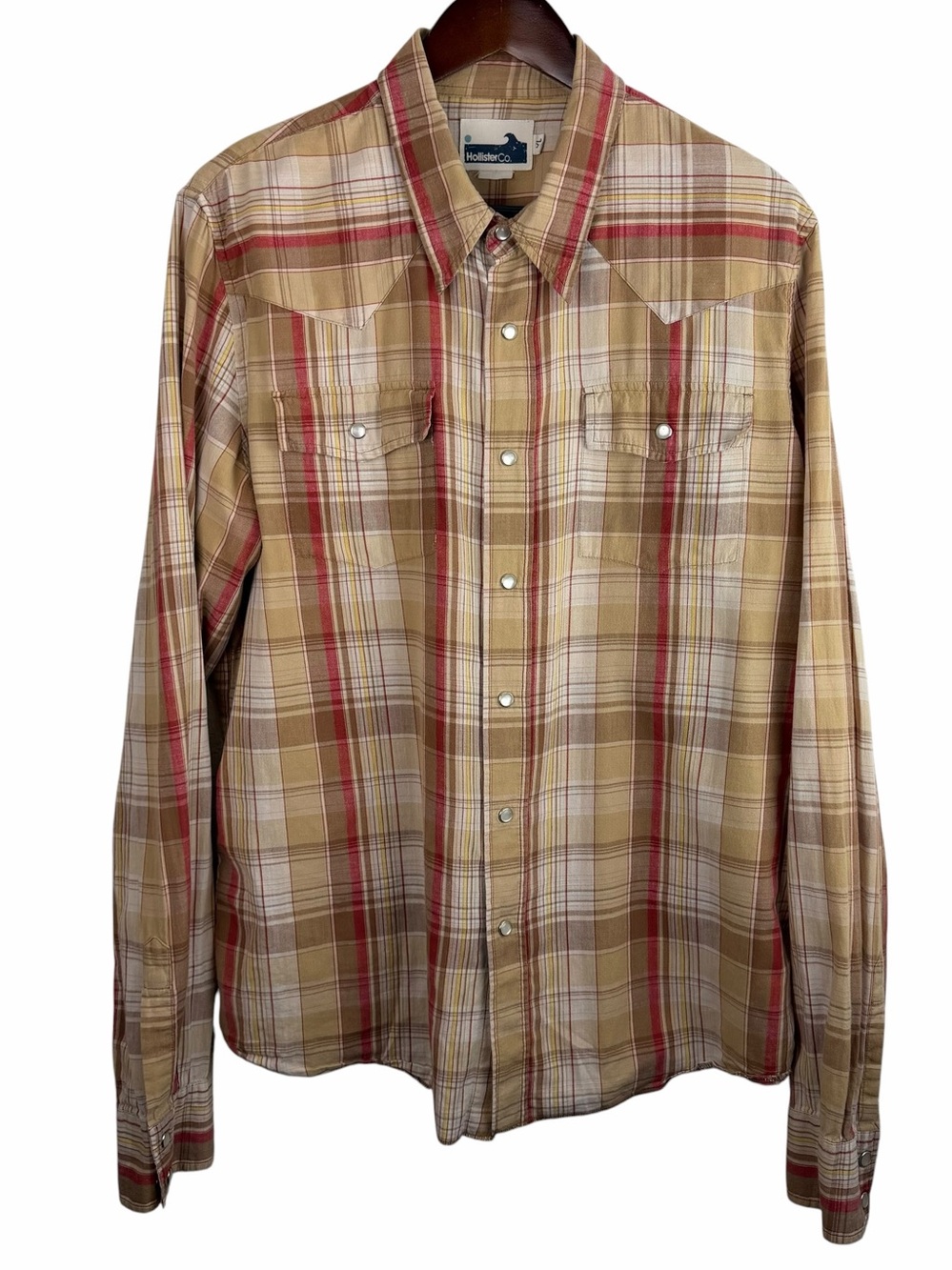 Hollister | Tan Red Plaid Vintage Western Pearl Snap Shirt